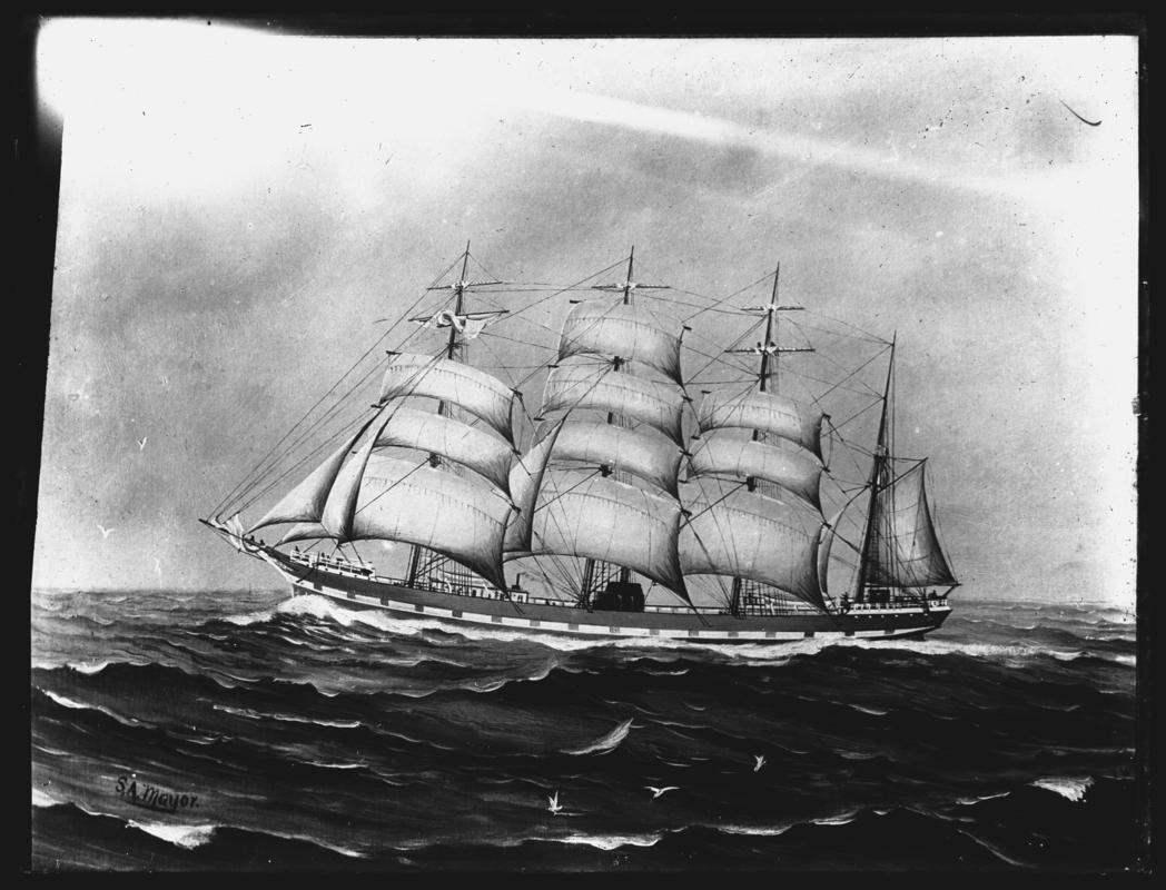 Photograph of painting by S.A. Mayor showing a port broadside view of an unknown four-masted barque.