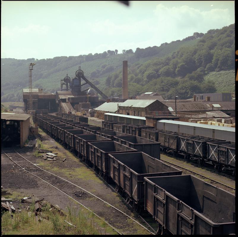 Colour film negative showing train trams in the yard, Marine Colliery.  &#039;Marine&#039; is transcribed from original negative bag.