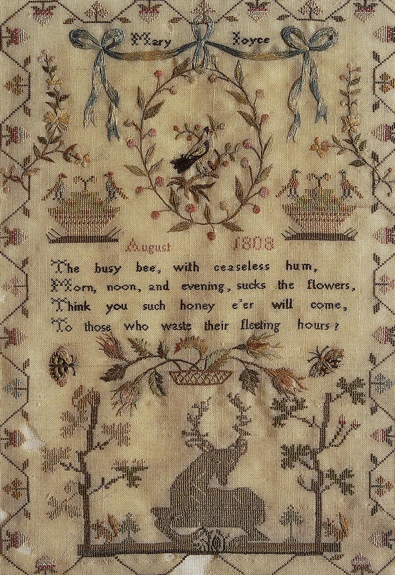 Sampler (verse, motifs &amp; pictorial), made in Cardiff, 1808