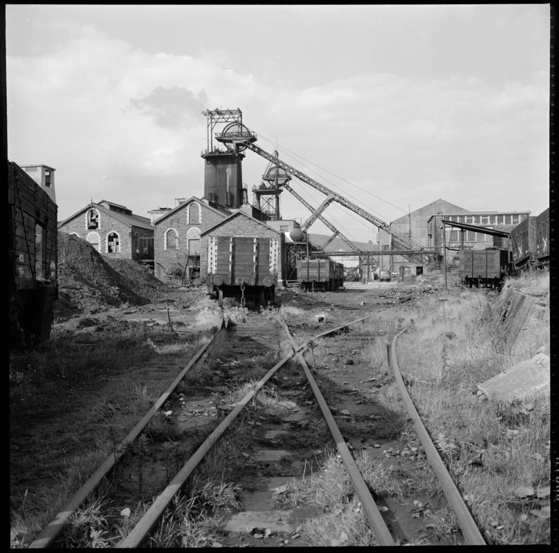 Black and white film negative showing a surface view of Abercynon Colliery.  &#039;Abercynon 1972&#039; is transcribed from original negative bag.
