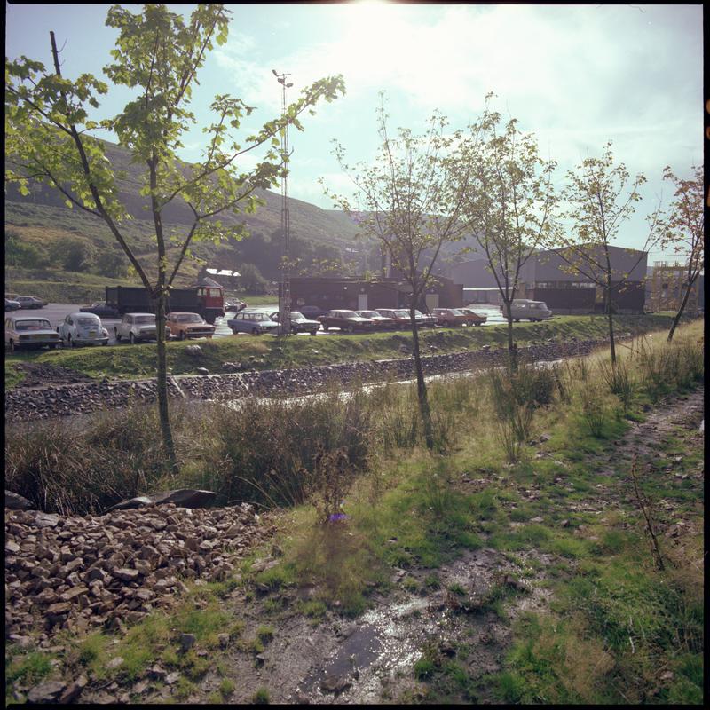 Colour film negative showing a view towards Trelewis Drift Mine.  &#039;Trelewis&#039; is transcribed from original negative bag.