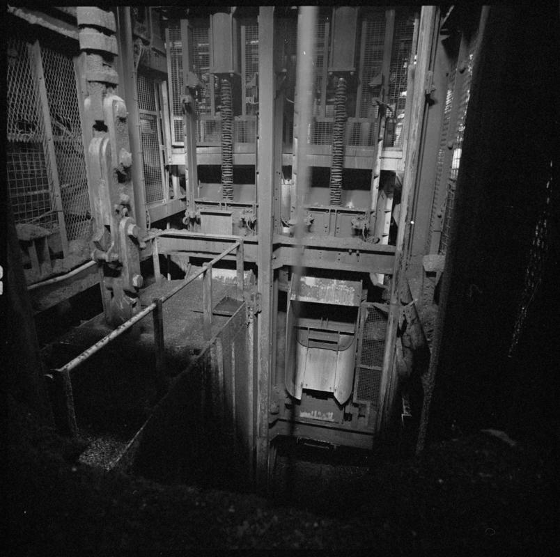 Black and white film negative showing a skip at pit bottom, Lady Windsor Colliery August 1980.  &#039;Lady Windsor Aug 1980&#039; is transcribed from original negative bag.  Appears to be identical to 2009.3/2650.