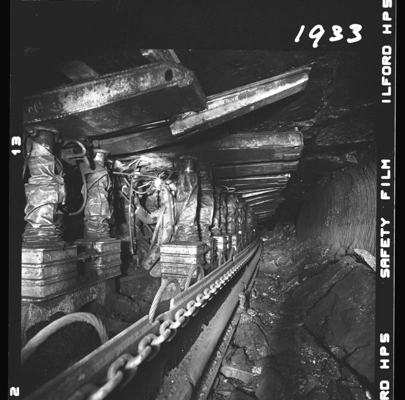 Black and white film negative showing Gullick and Dobson chocks, Oakdale Colliery, May 1980.  &#039;Oakdale May 1980&#039; is transcribed from original negative bag.