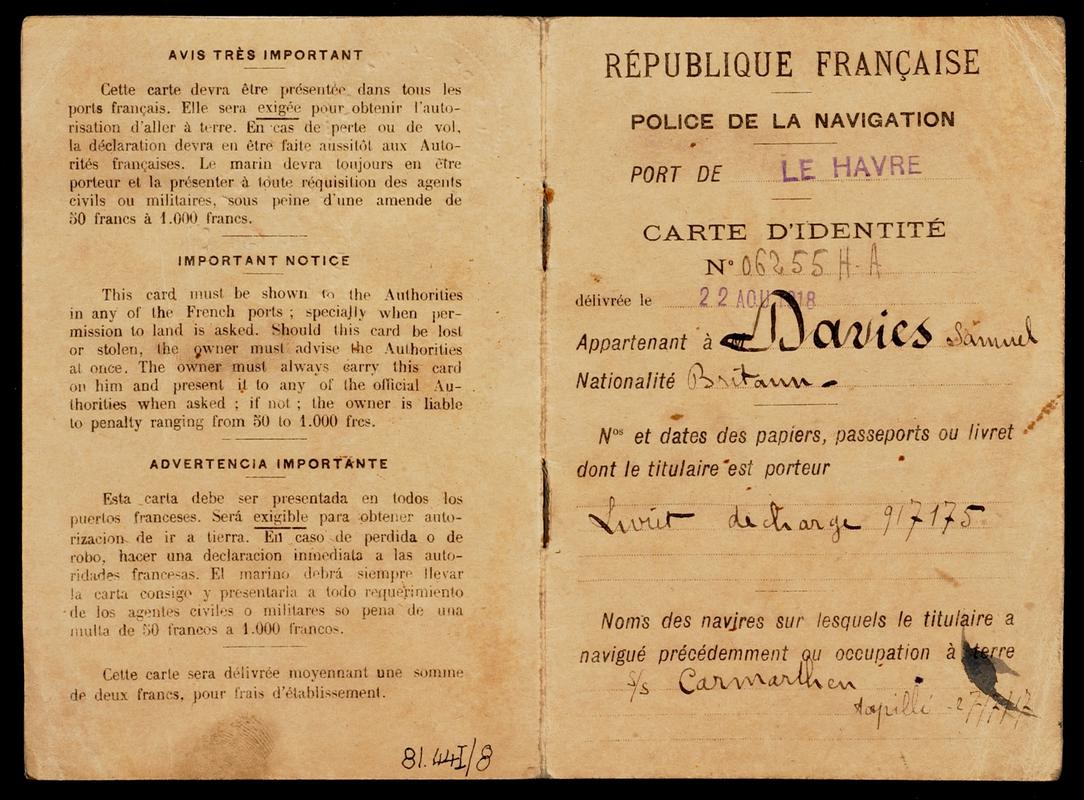 French seamans ID card (outer)
