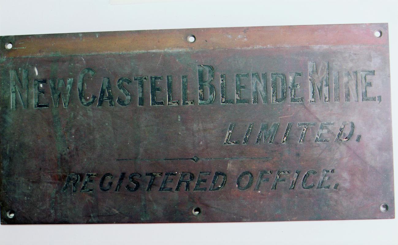Bronze nameplate for &quot;New Castell Blende Mine Ltd. Registered Office&quot;