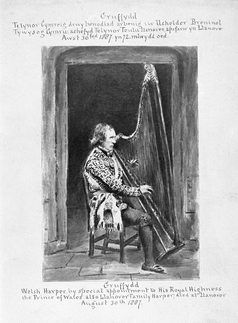 Image of Gruffydd, Harpist to the Llanover family. Died in 1887 aged 72.