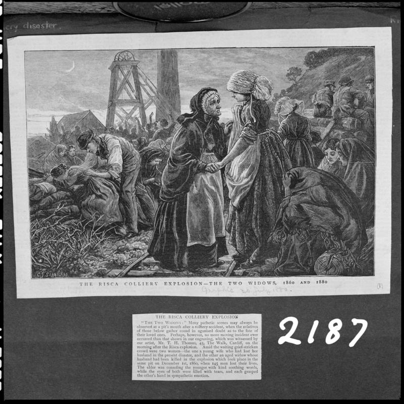 Black and white film negative showing a sketched illustration from a publication depicting two widows from both Risca Colliery explosions, the first during the 1860s and the second during the 1880s.  &#039;Risca&#039; is transcribed from original negative bag.