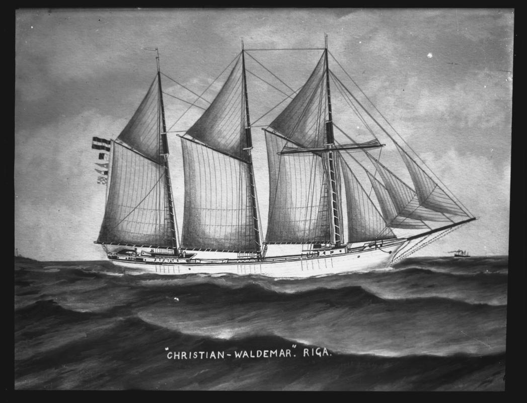 Photograph of a painting showing a starboard broadside view of the three-masted schooner CHRISTIAN WALDEMAR of Riga.  Title of painting is &#039;&#039;CHRISTIAN-WALDEMAR. RIGA&#039;&#039;