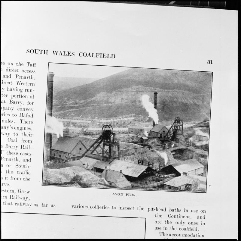 Black and white film negative showing a general surface view of Avon Colliery, photographed from a publication.  &#039;Avon Colliery&#039; is transcribed from original negative bag.