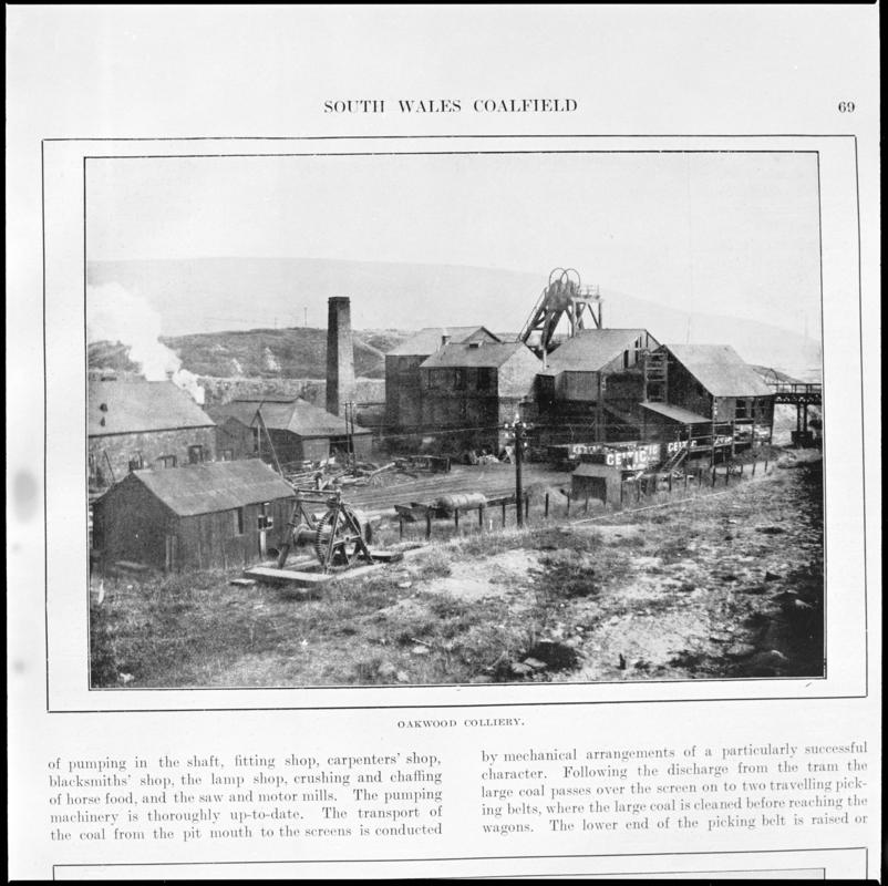 Black and white film negative showing a general surface view of Oakwood Colliery, photographed from a publication.  &#039;Oakwood Colliery&#039; is transcribed from original negative bag.