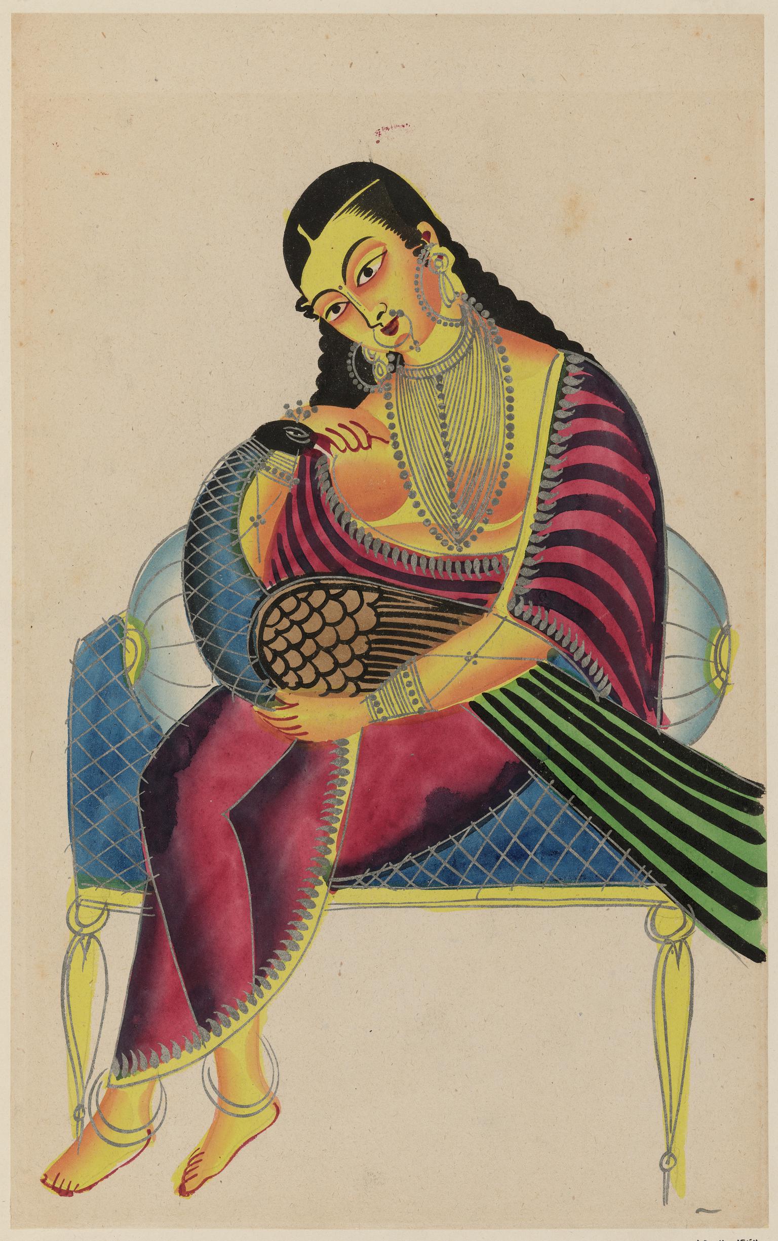 Seated girl holding a peacock