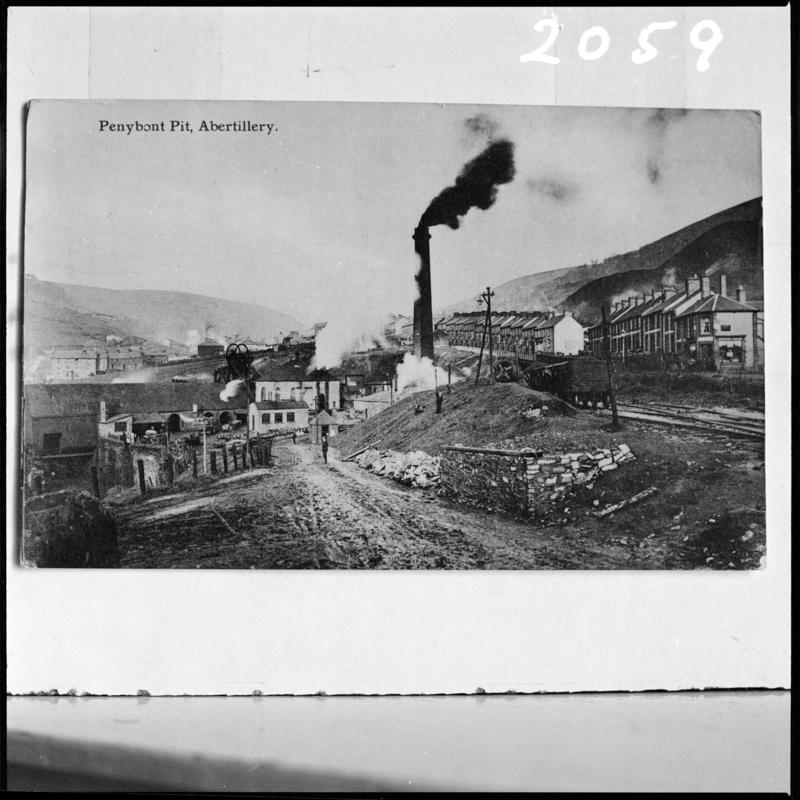 Black and white film negative of a photograph showing a general surface view of Penybont Pit, Abertillery.    &#039;Penybont, Abertillery&#039; is transcribed from original negative bag.