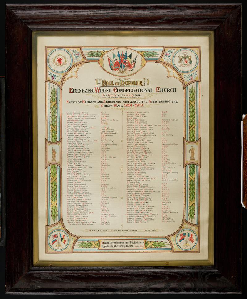 Framed roll of honour commemorating the men of Ebenezer Welsh Congregational Church, Cardiff, who died in the First World War.