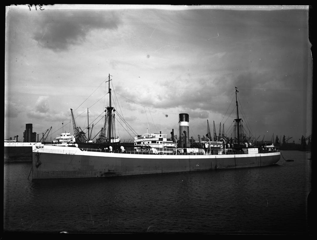 Port broadside view of S.S. KIOTO at Cardiff Docks, c.1936.
