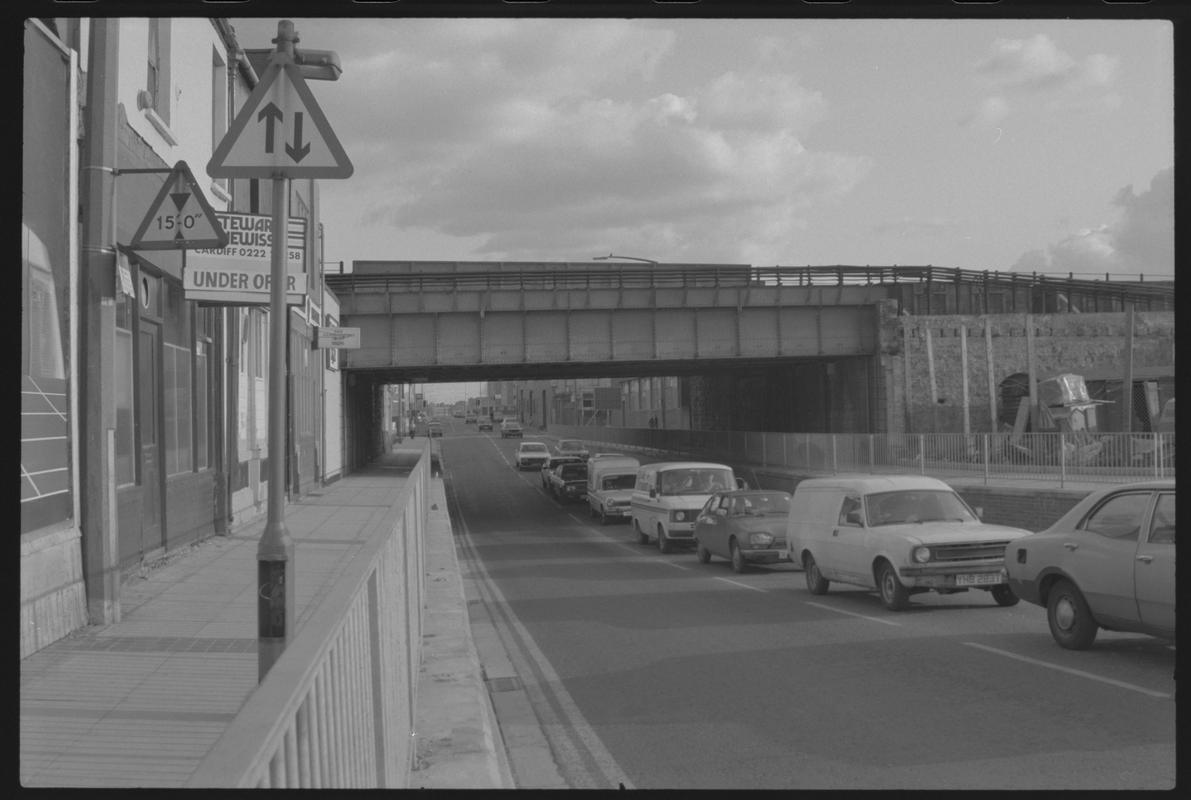 Main line railway bridge crossing top of Bute Street.