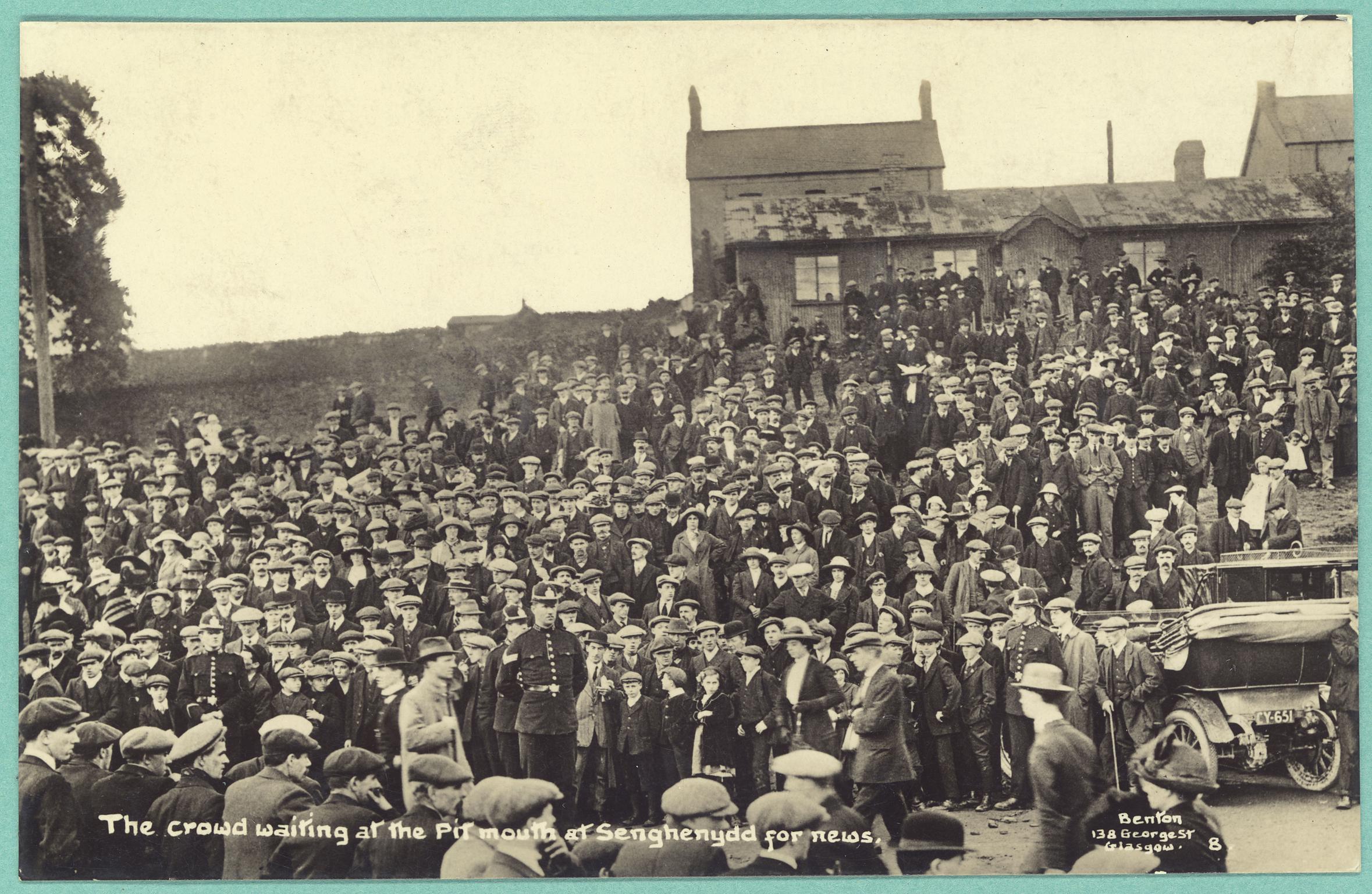 The crowd waiting at the Pit mouth at Senghenydd for news (postcard)
