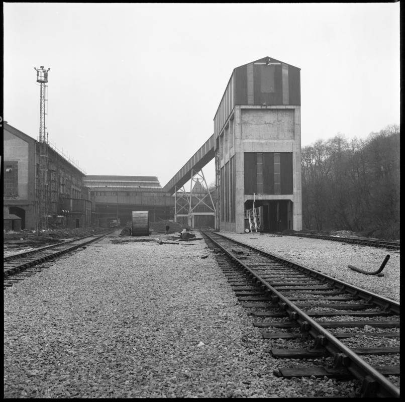Black and white film negative showing a surface view of Taff Merthyr Colliery.