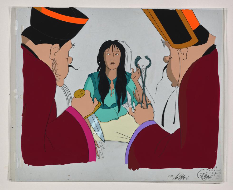 Turandot animation production artwork showing the characters Liu and two ministers. Sketch on paper overlaid with two sheets of cellulose acetate.