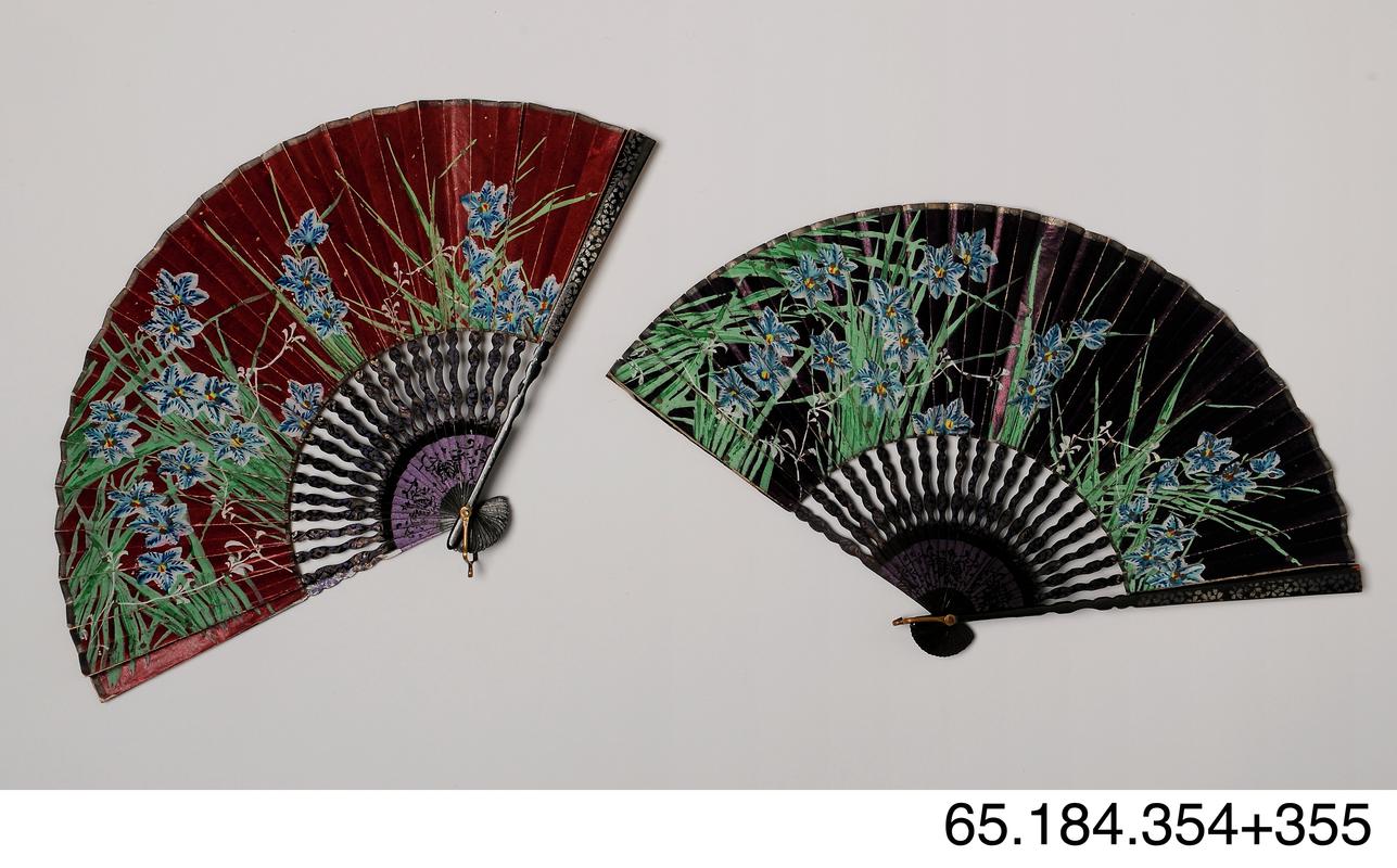 Pair of painted paper fans with black-lacquered bamboo sticks