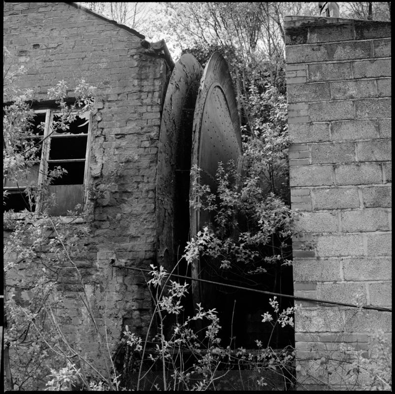 Black and white film negative showing the waddle fan and engine house at Clydach Merthyr Colliery. &#039;Clydach Merthyr&#039; is transcribed from original negative bag.