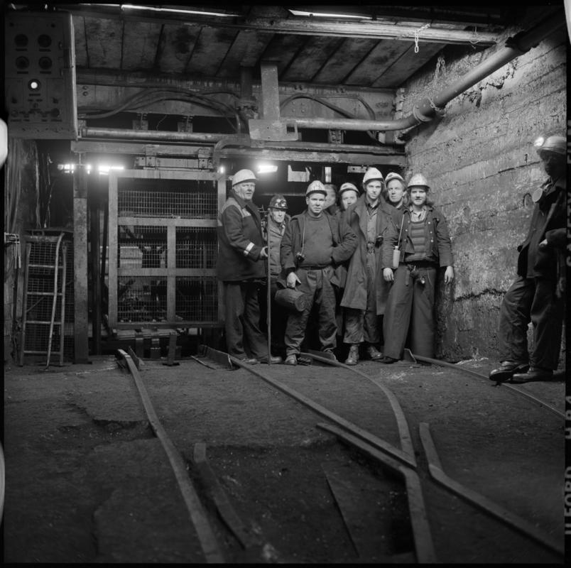 Black and white film negative showing miners at pit bottom, Wyndham Colliery. &#039;Wyndham&#039; is transcribed from original negative bag.