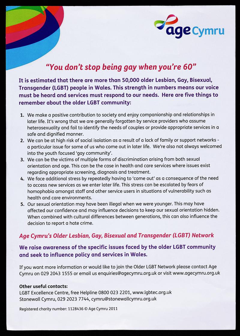 Age Cymru bilingual leaflet &#039;Nid ydych yn stopio bod yn hoyw yn 60 oed&#039; / &#039;You don&#039;t stop being gay when you&#039;re 60&#039;.