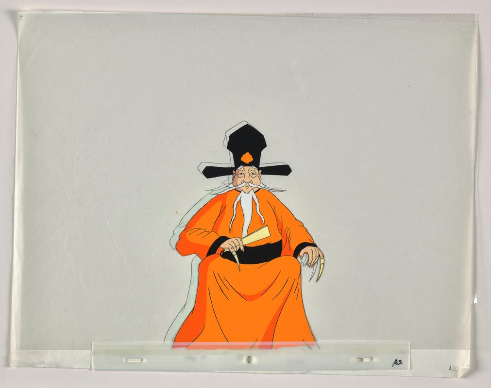 Turandot animation production artwork showing the character Emperor Altoum. Sketch on paper overlaid with cellulose acetate.