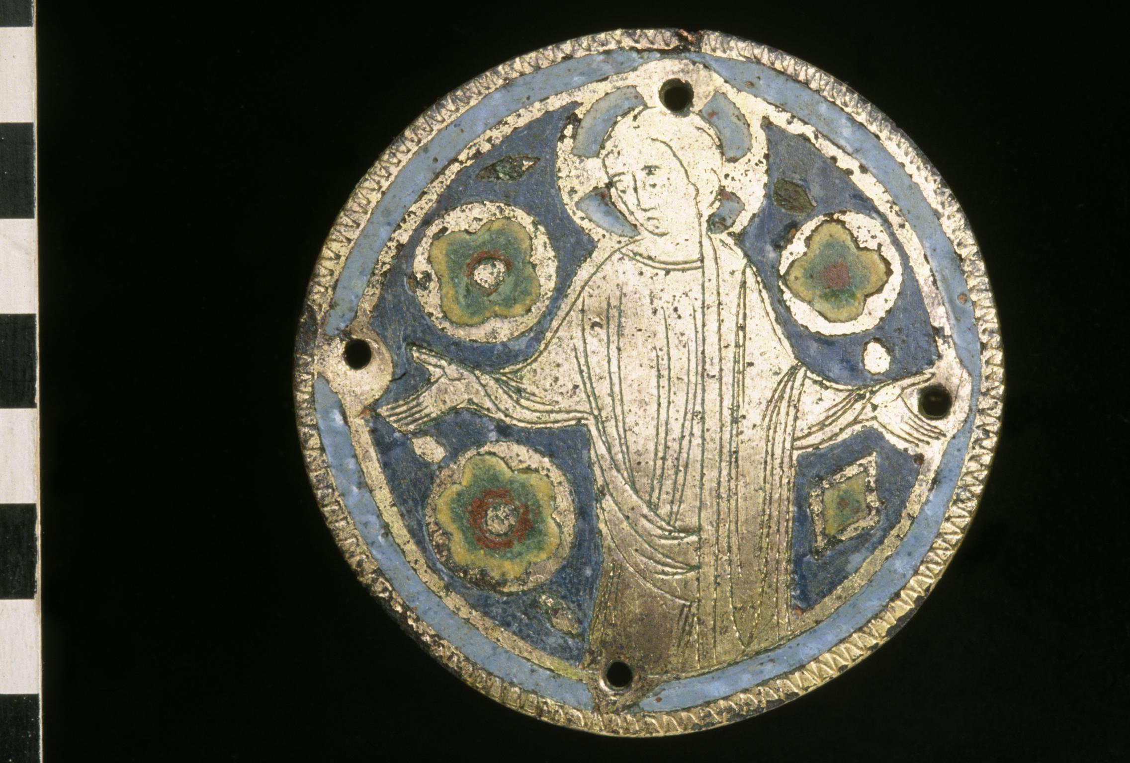 Medieval copper alloy plaque, enamelled