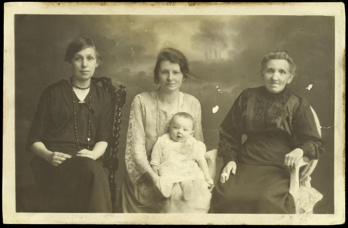 Four generations of the Pippin family. From left to right, Hannah, Lilian (daughter of Hannah) and Mary. Leonard (son of Lilian) is the baby
