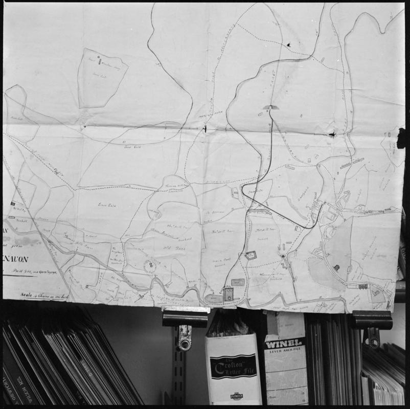 Black and white film negative showing a map of the Blaenavon area and Iron Works by Thomas Deakin dated 1819.  &#039;Blaenavon Plan&#039; is transcribed from original negative bag.