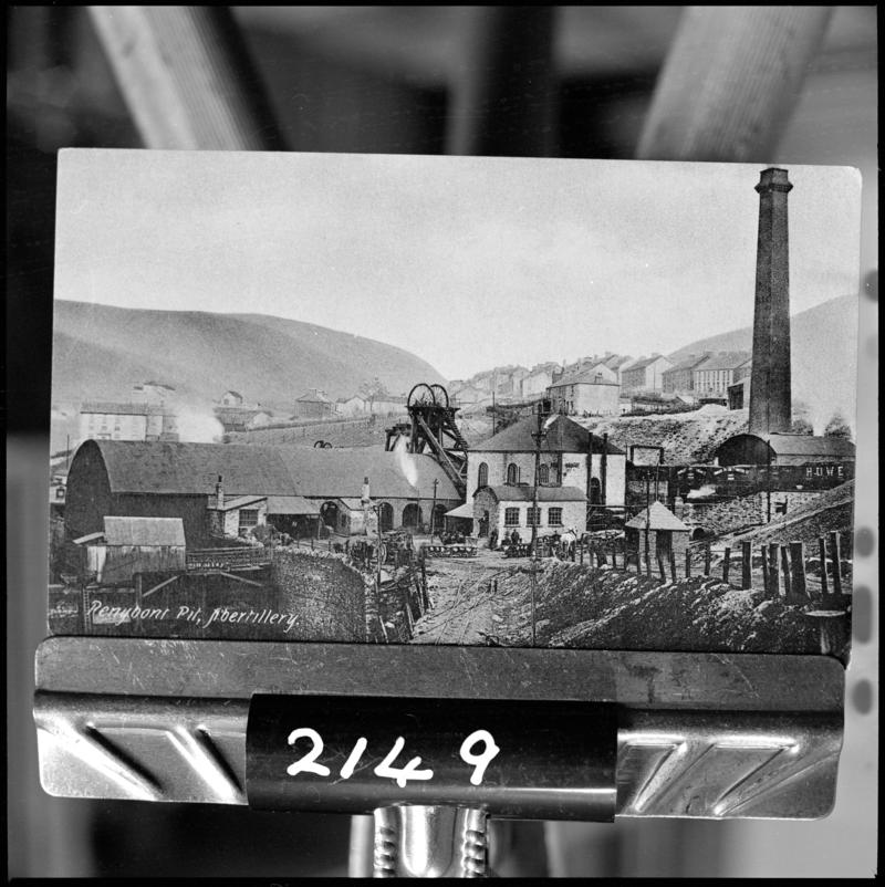 Black and white film negative of a photograph showing a general surface view of Penybont Pit, Abertillery.  &#039;Penybont Abertillery&#039; is transcribed from original negative bag.
