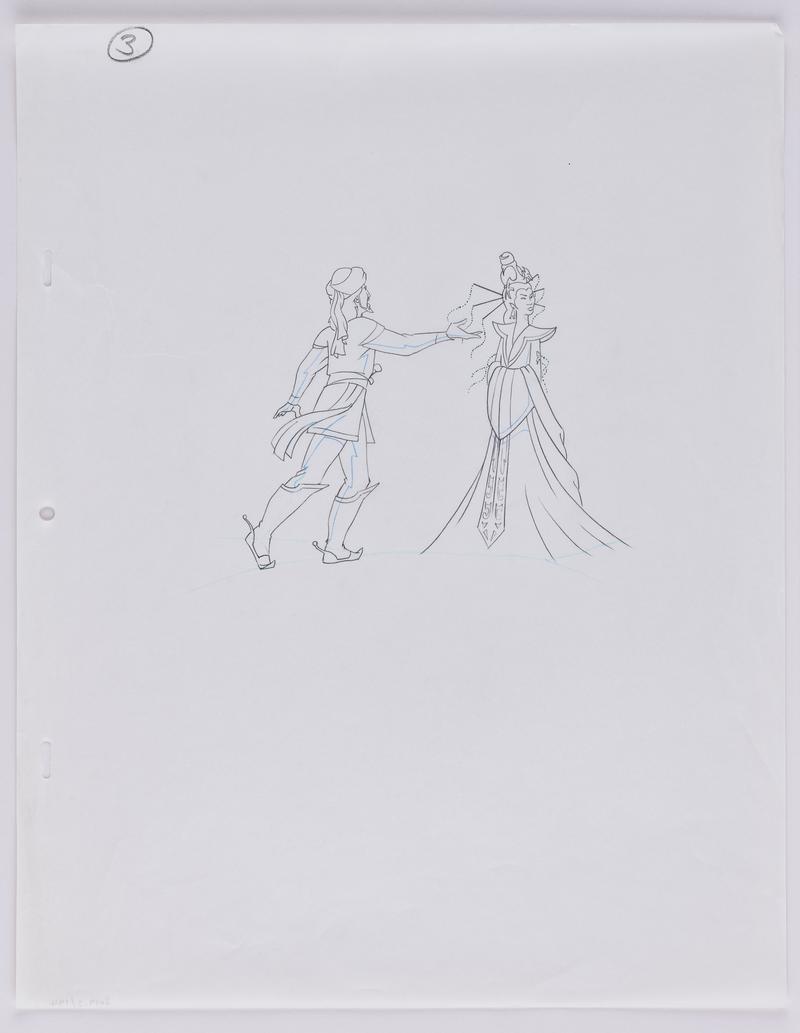 Turandot animation production sketch of the characters Turandot and Calaf.