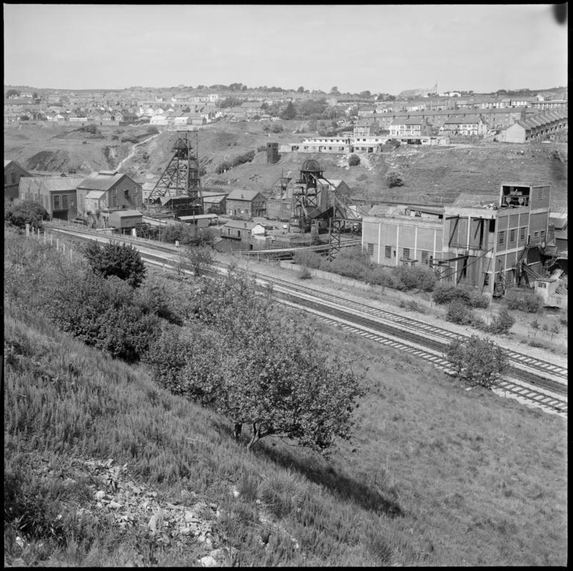 Black and white film negative showing a surface view of Bargoed Colliery 20 May 1977.  &#039;Bargoed 20 May 1977&#039; is transcribed from original negative bag.