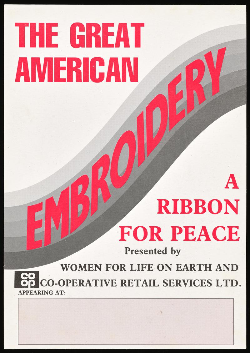 Double sided flyer &#039;The Great American Embroidery A Ribbon For Peace&#039;.