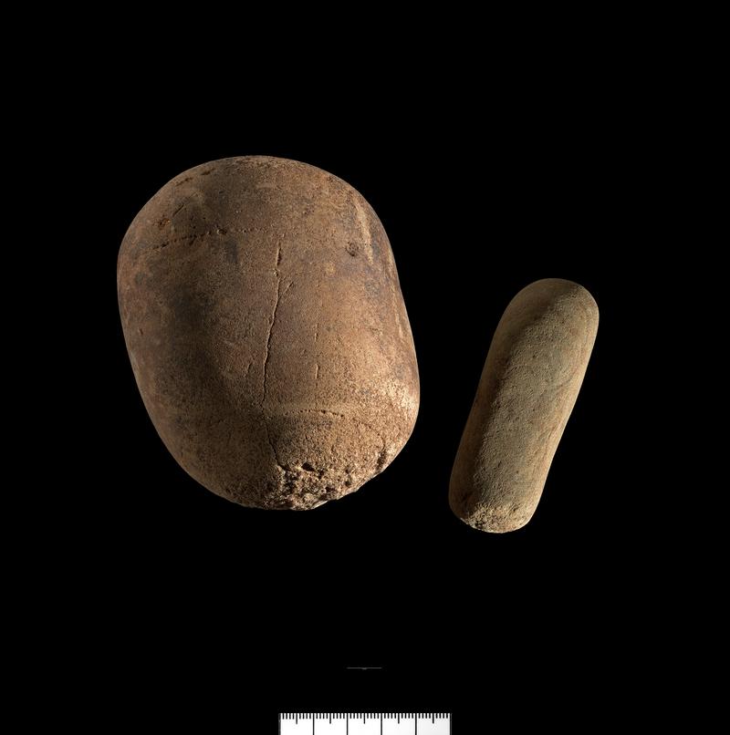 Mesolithic stone hammerstone and Mesolithic stone bevelled pebble