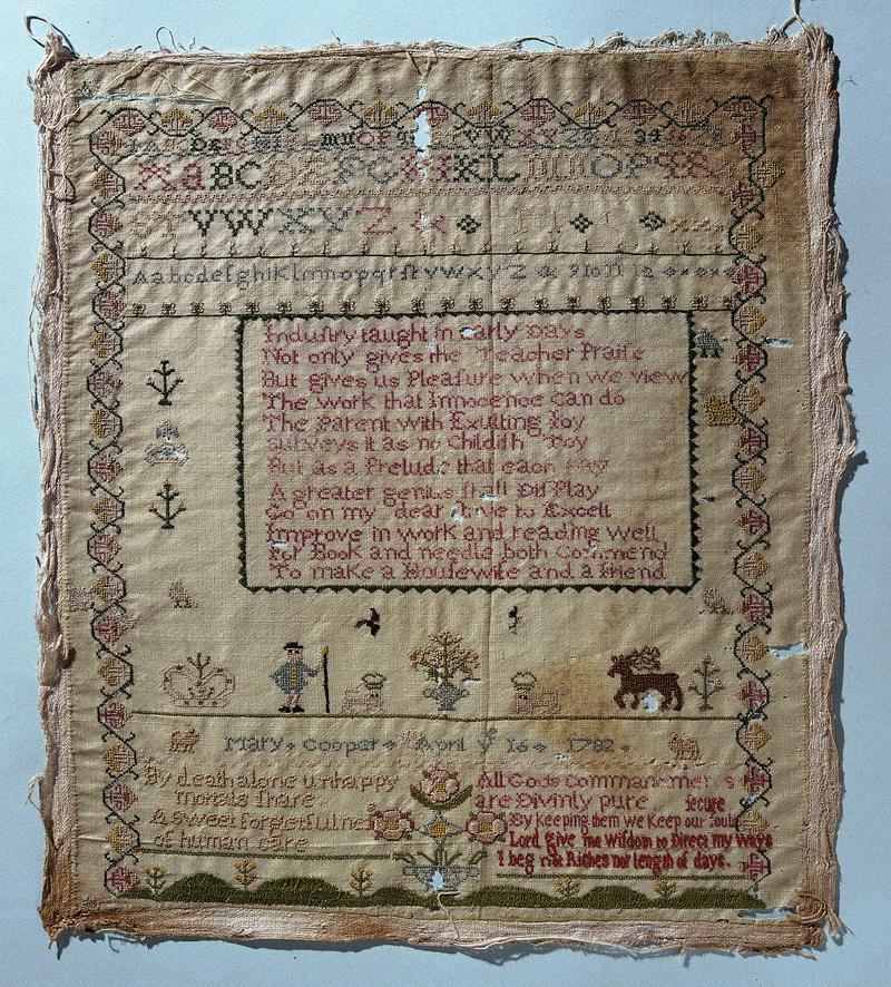 Sampler (alphabet, verse &amp; motifs), made in Cardiff, 1782