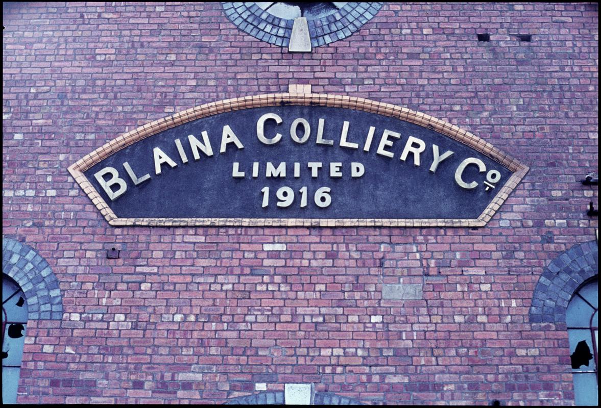 Colour film slide showing a &#039;Blaina Colliery Co Limited 1916&#039; plaque on a colliery building,  Pantyffynnon Colliery , 26 February 1977.