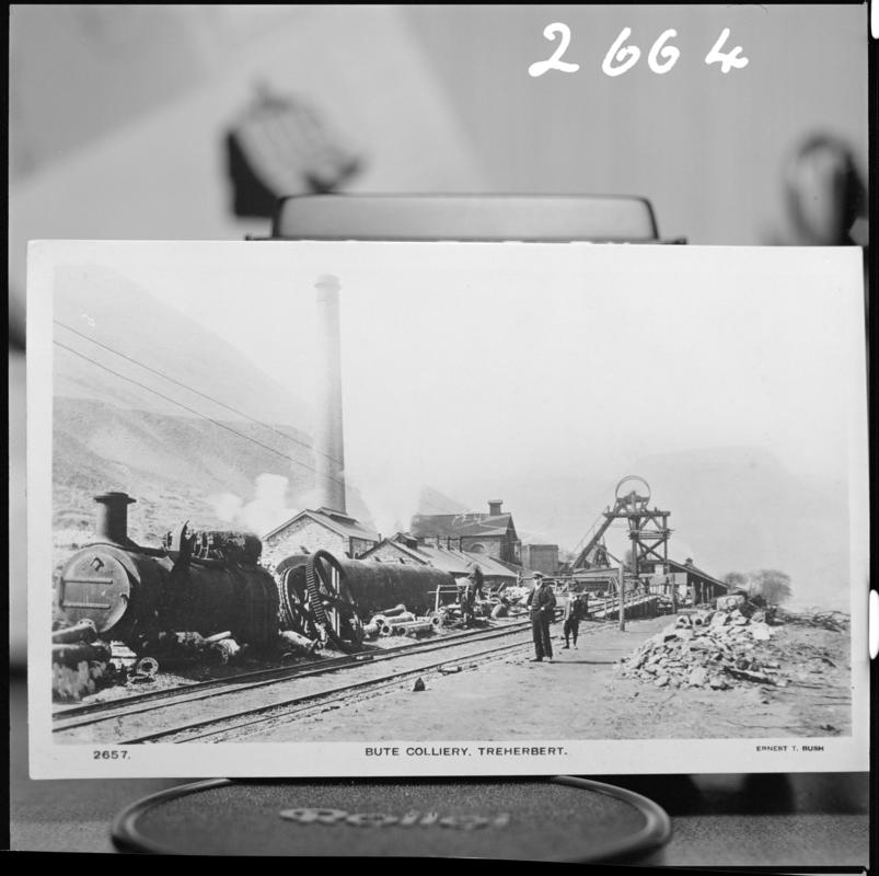 Black and white film negative of a photograph showing a surface view of Bute Colliery, Treherbert.  &#039;Bute Colliery, Treherbert&#039; is transcribed from original negative bag.