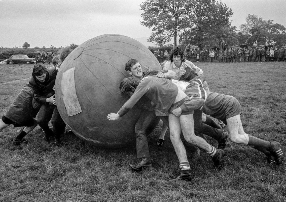 GB. WALES. Brecon. A game of push ball.  Two teams try to push a large inflated ball over the opposition&#039;s goal line.  Taking place at the Young Farmers&#039; meeting. 1973