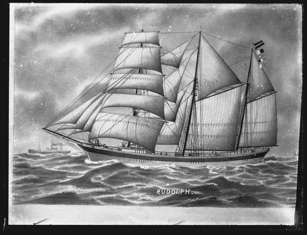 Photograph of a painting showing a port broadside view of the three-masted barquentine RUDOLPH.  Title of painting - RUDOLPH.