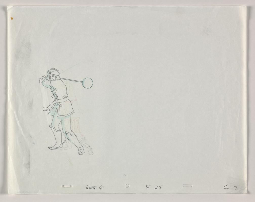 Turandot animation production sketch showing the character Calaf holding a mallet. Appears to be the initial sketch for production artwork 2019.5/124.
