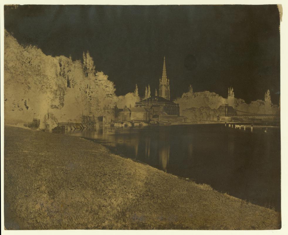 River, church and buildings, paper neg.