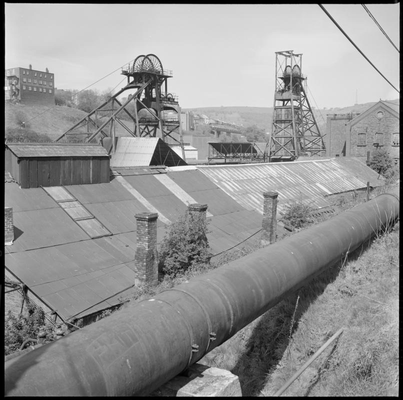 Black and white film negative showing a surface view of Bargoed Colliery 20 May 1977.  &#039;Bargoed 20 May 1977&#039; is transcribed from original negative bag.