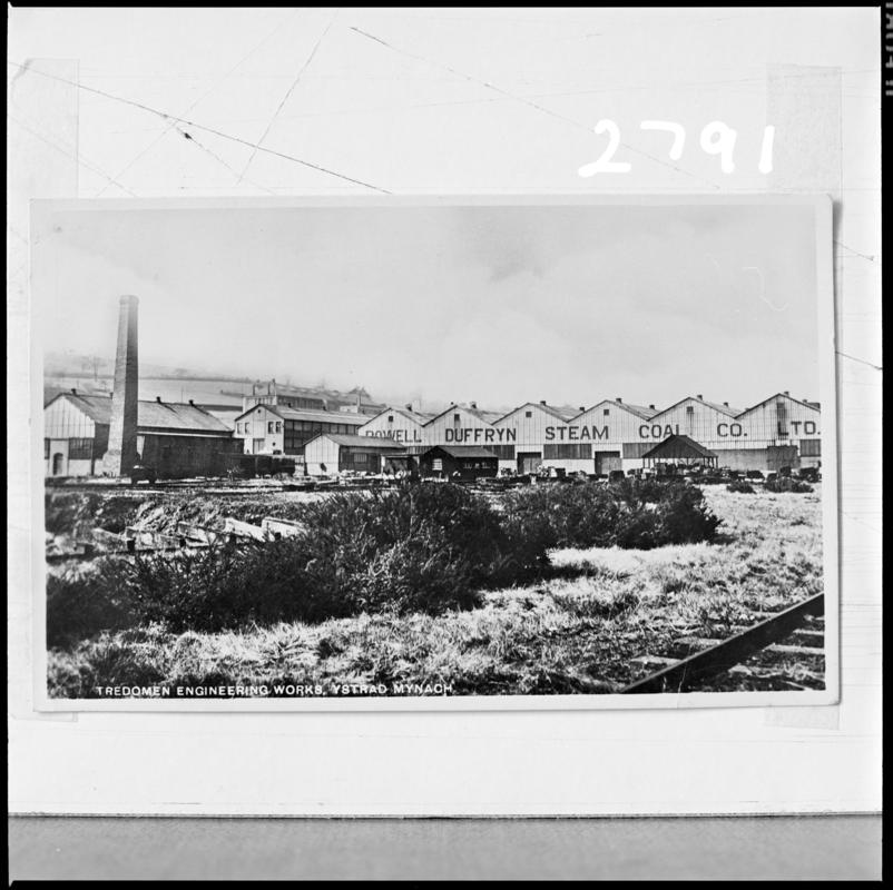 Black and white film negative of a photograph showing Tredomen Engineering Works, Ystrad Mynach.  &#039;Tredomen&#039; is transcribed from original negative bag.
