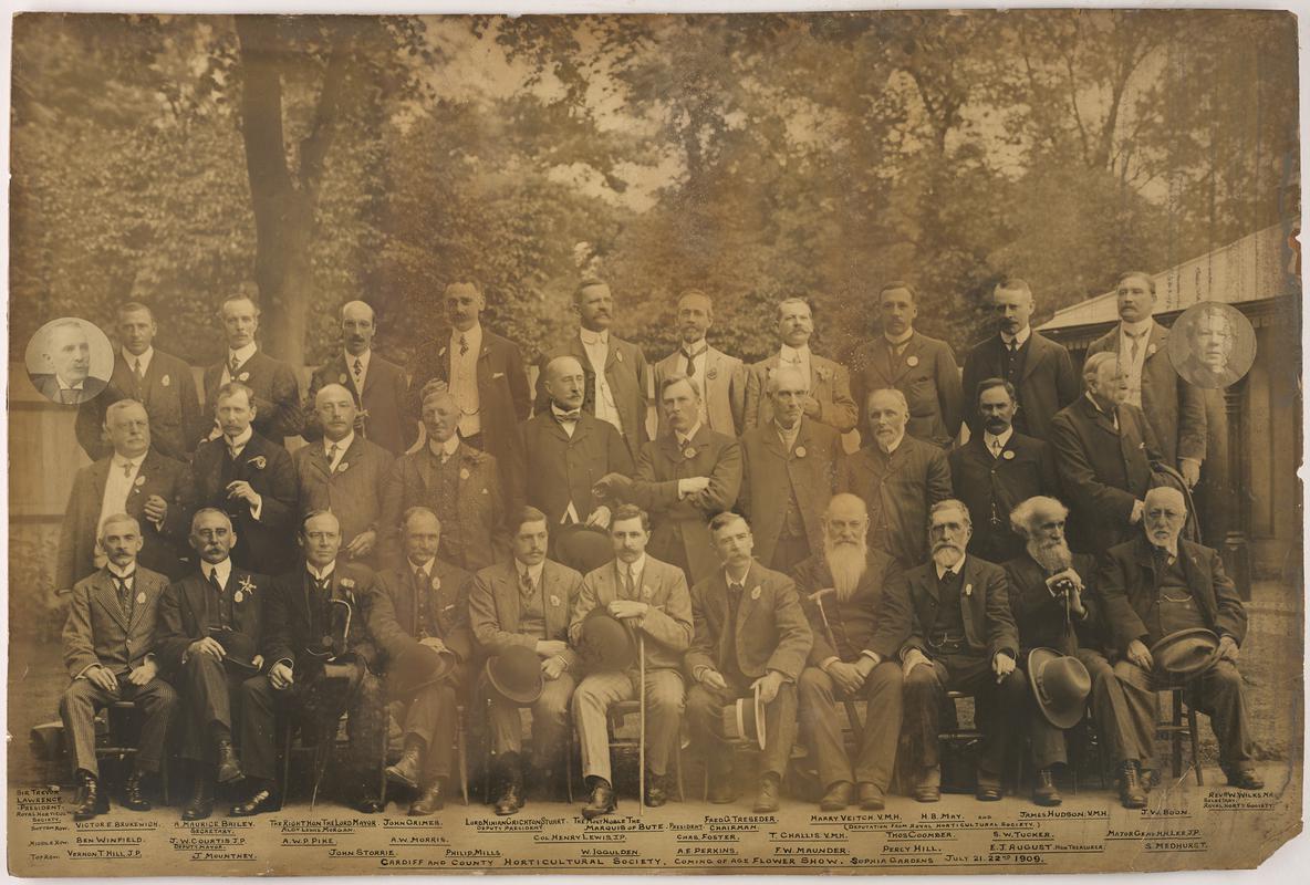 Committee members of Cardiff &amp; County Agricultural Society, Coming of Age Flower show, Sophia Gardens, Cardiff.