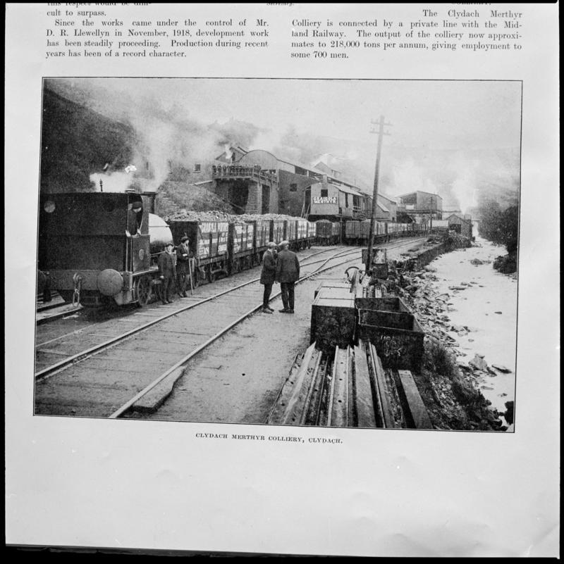 Black and white film negative showing a general surface view of Clydach Merthyr Colliery, photographed from a publication.  &#039;Clydach Merthyr Colliery&#039; is transcribed from original negative bag.