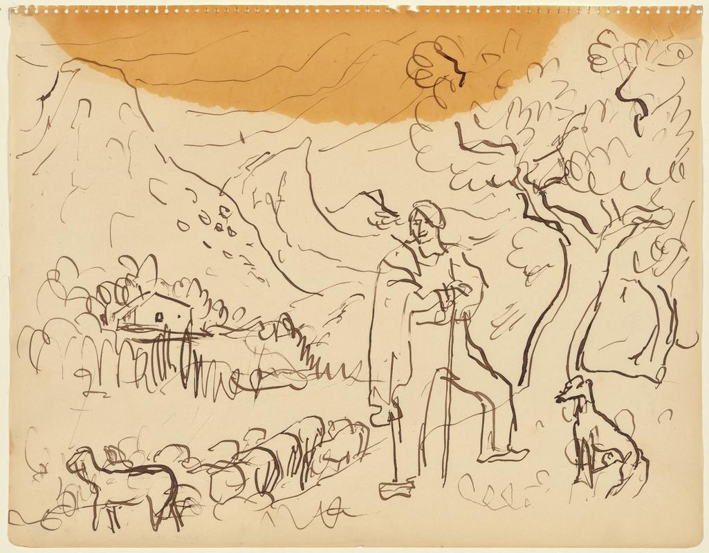 Shepherd with Flock and Dog