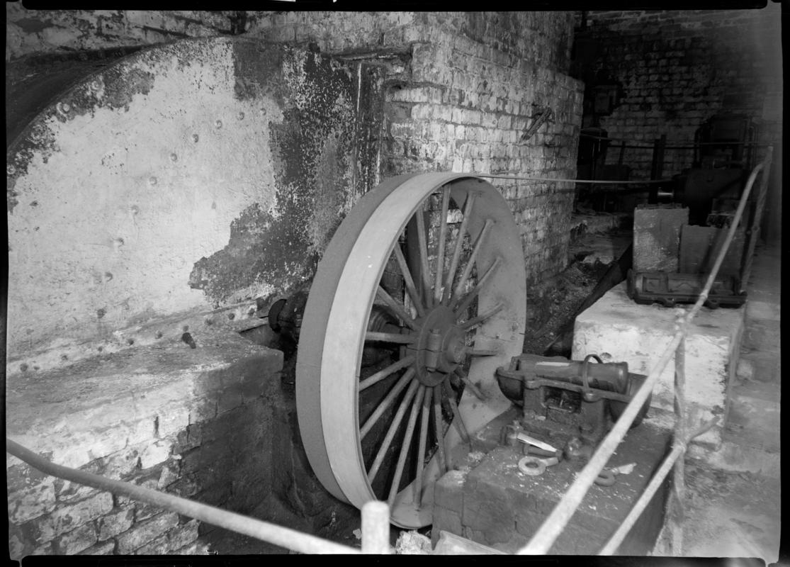 Black and white film negative showing an engine wheel, Blaendare Colliery.  &#039;Blaendare&#039; is transcribed from original negative bag.