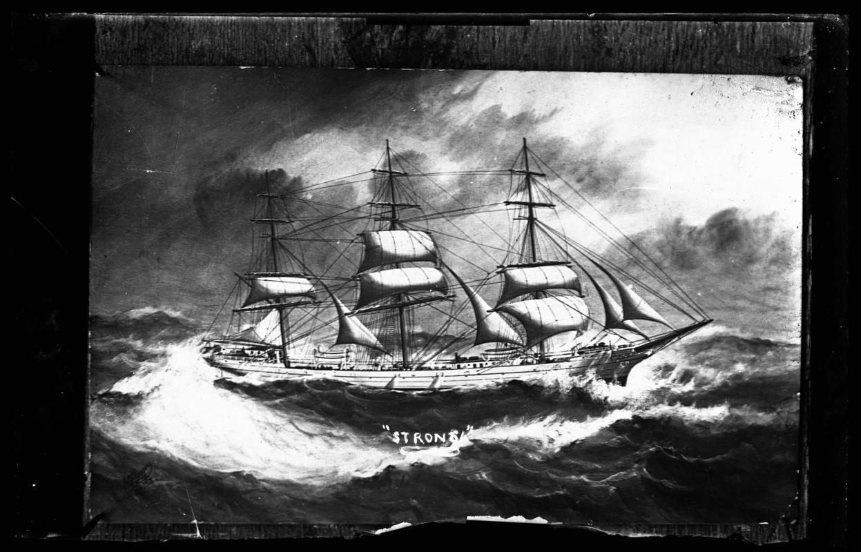 Photograph of a painting showing a starboard broadside view of the three masted ship STRONSA.