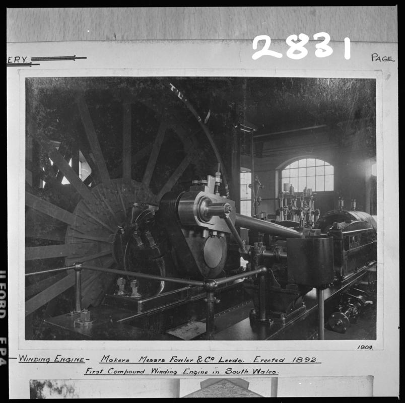 Black and white film negative of a photograph showing the Tymawr Colliery winding engine which was built by John Fowler &amp; Co of Leeds in 1891.